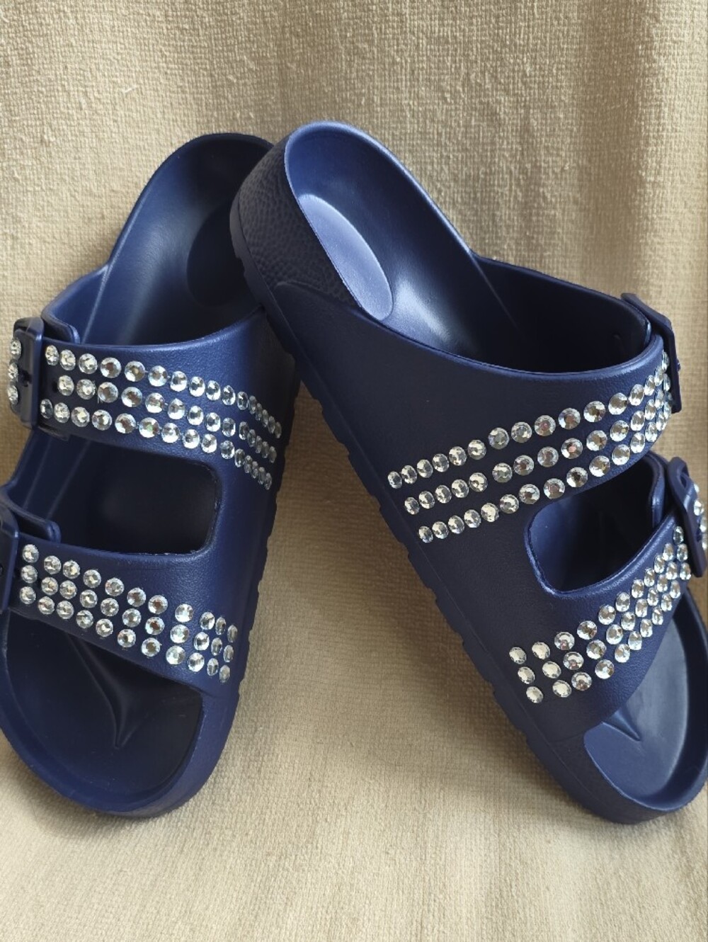 Navy Blue Rhinestone Double-Strap Slide Sandals - Picture 2 of 4
